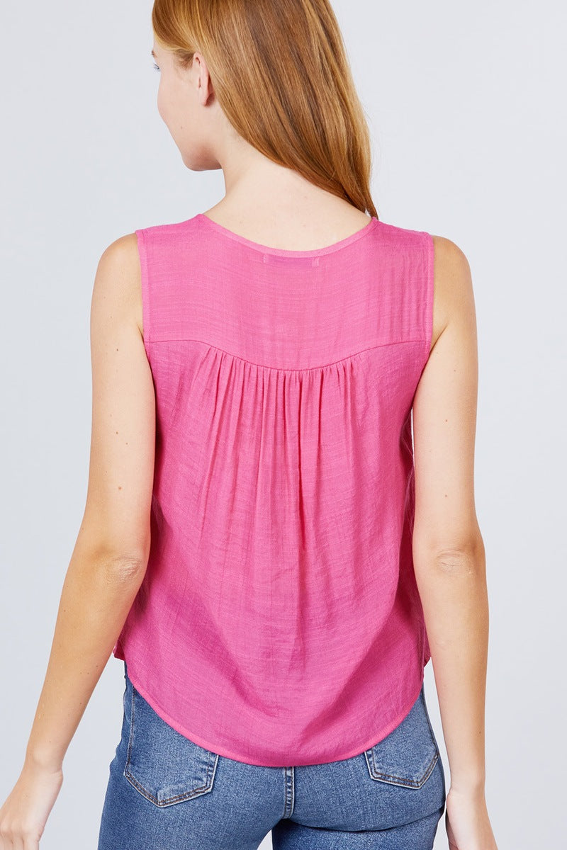 Sleeveless Front Pleats Detail Woven Top