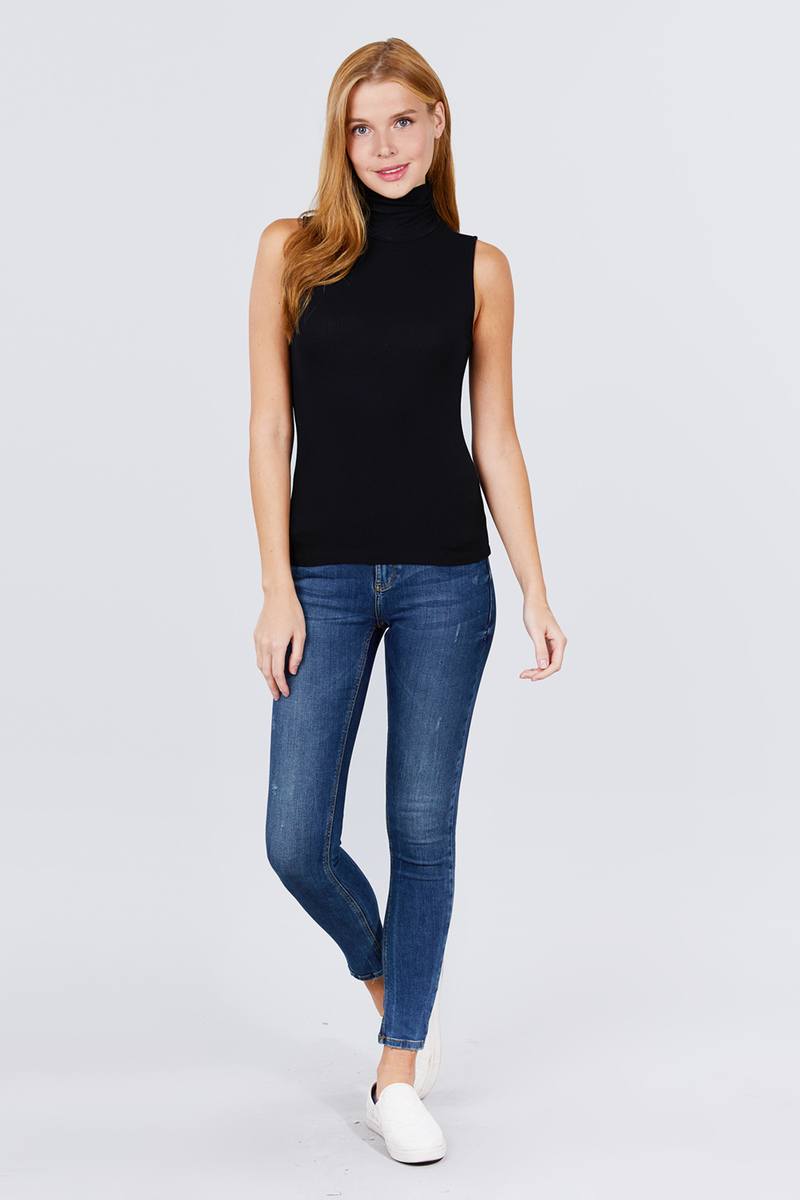 Sleeveless Shirring Turtle Neck Rib Knit Top