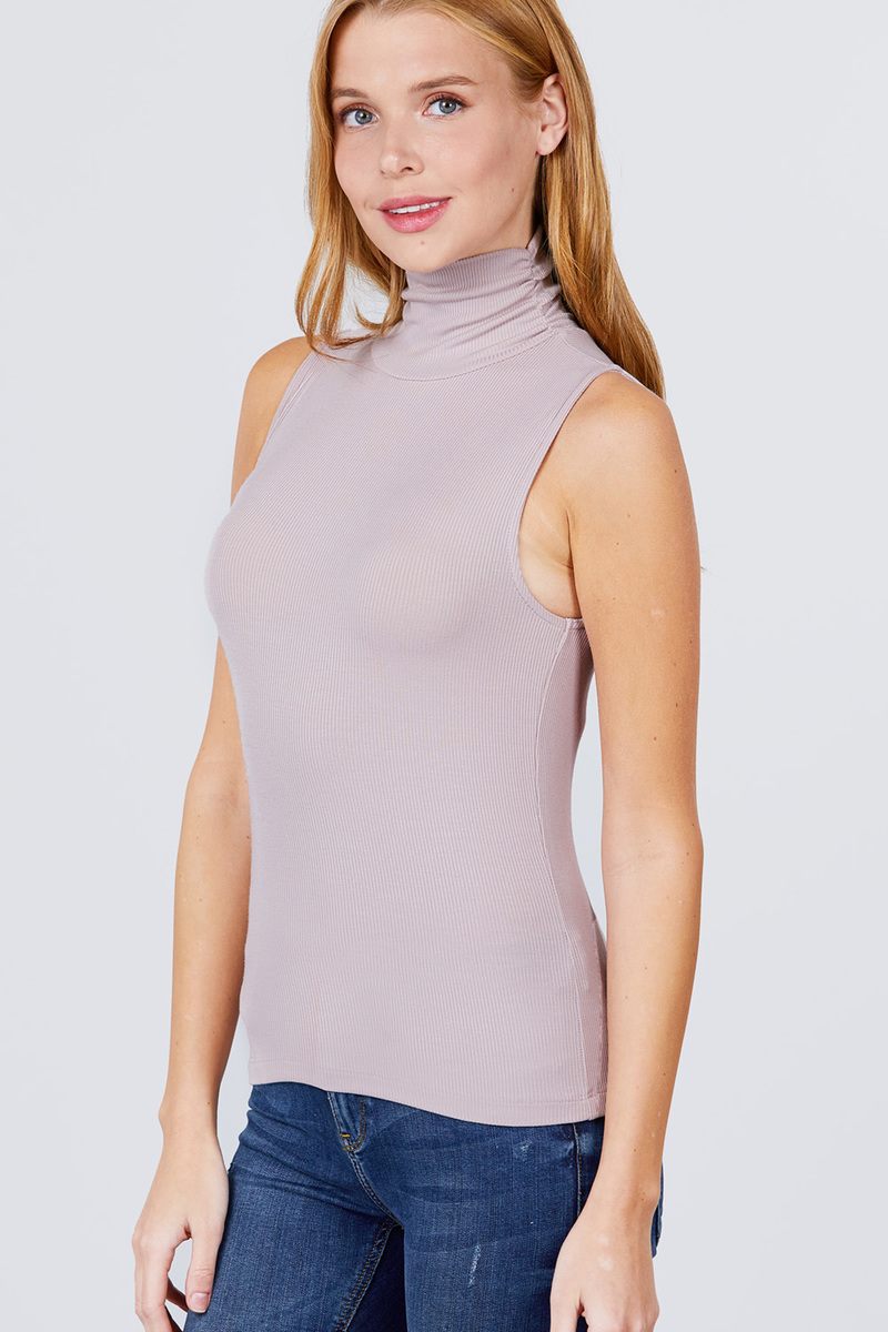 Sleeveless Shirring Turtle Neck Rib Knit Top