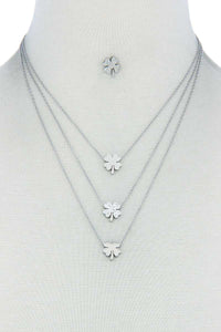 Triple Layer 4 Leaves Clover Necklace And Earring Set