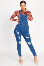 Load image into Gallery viewer, Distressed Denim Skinny Overalls
