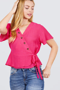 Short Sleeve Button Down Ribbon Tie Back Top