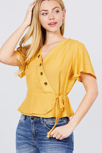 Short Sleeve Button Down Ribbon Tie Back Top