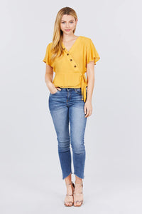 Short Sleeve Button Down Ribbon Tie Back Top