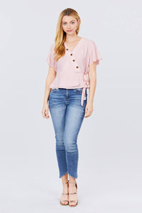 Short Sleeve Button Down Ribbon Tie Back Top