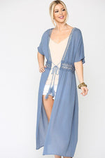 Load image into Gallery viewer, Lace Trim Open Front Tassel Waist Tie Duster Cardigan
