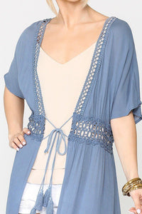 Lace Trim Open Front Tassel Waist Tie Duster Cardigan