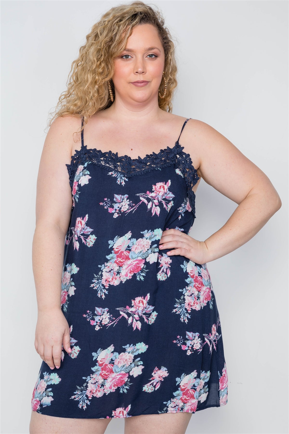 Plus Size Floral Crochet Boho Mini Cami Dress