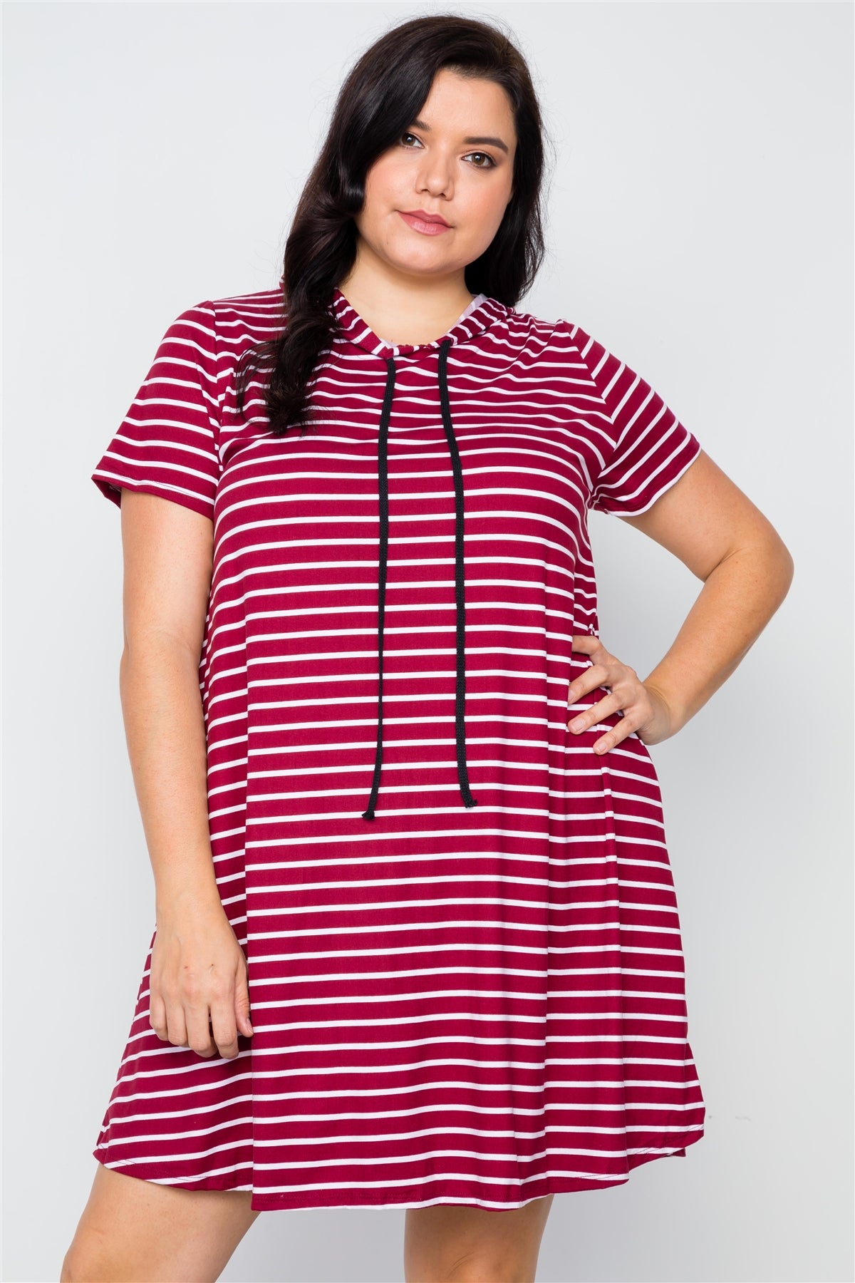 Plus Size Stripe Short Sleeve Hooded Shirt Mini Dress