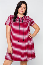 Load image into Gallery viewer, Plus Size Stripe Short Sleeve Hooded Shirt Mini Dress
