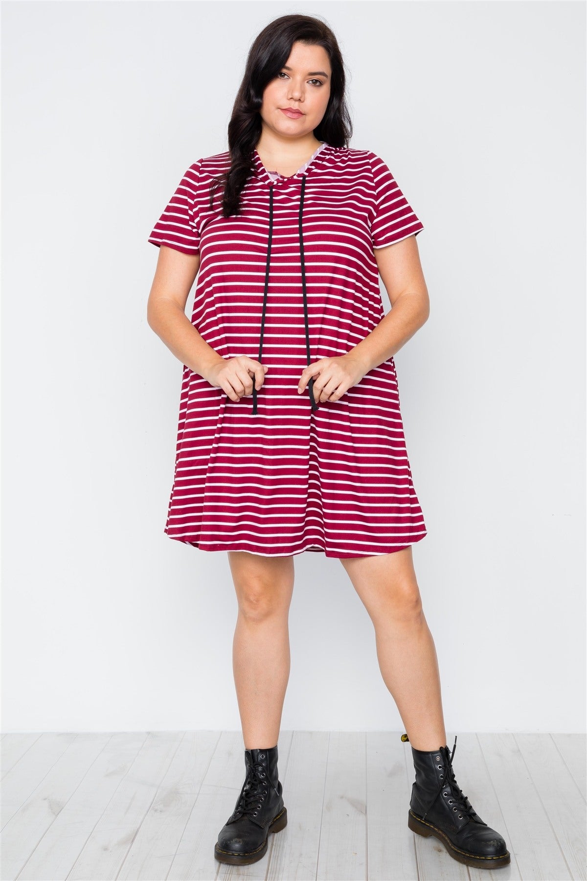 Plus Size Stripe Short Sleeve Hooded Shirt Mini Dress