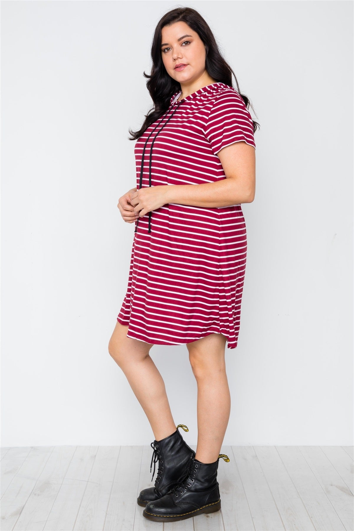 Plus Size Stripe Short Sleeve Hooded Shirt Mini Dress