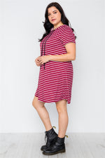 Load image into Gallery viewer, Plus Size Stripe Short Sleeve Hooded Shirt Mini Dress
