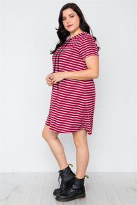 Plus Size Stripe Short Sleeve Hooded Shirt Mini Dress