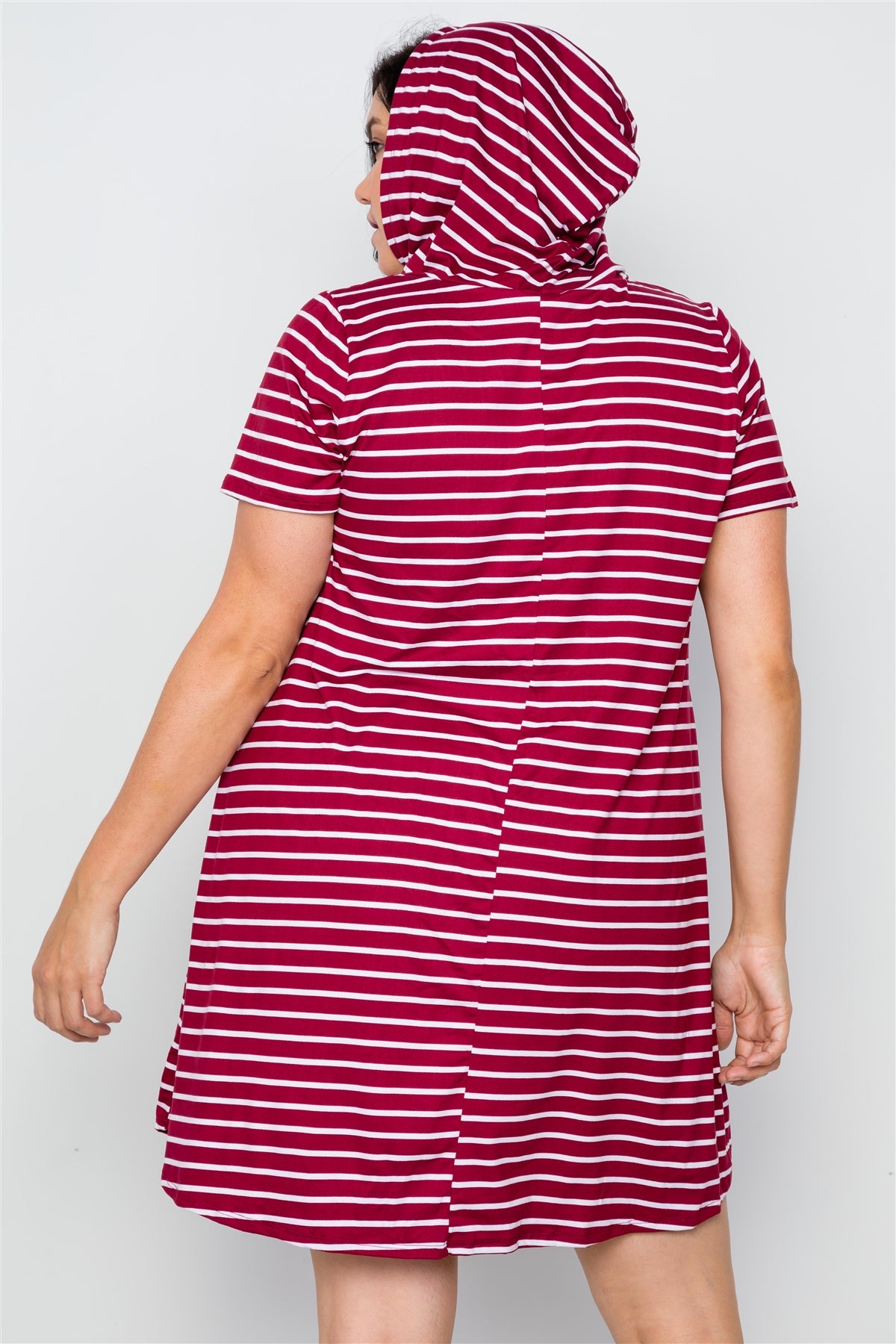 Plus Size Stripe Short Sleeve Hooded Shirt Mini Dress