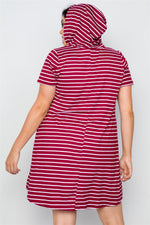 Load image into Gallery viewer, Plus Size Stripe Short Sleeve Hooded Shirt Mini Dress
