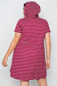 Plus Size Stripe Short Sleeve Hooded Shirt Mini Dress