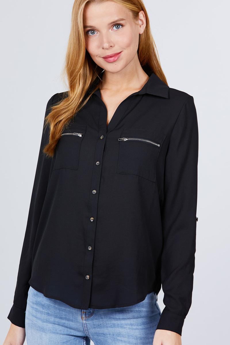 3/4 Roll Up Sleeve Pocket with Zipper Detail Blouse