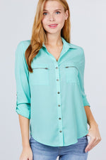 Load image into Gallery viewer, 3/4 Roll Up Sleeve Pocket with Zipper Detail Blouse
