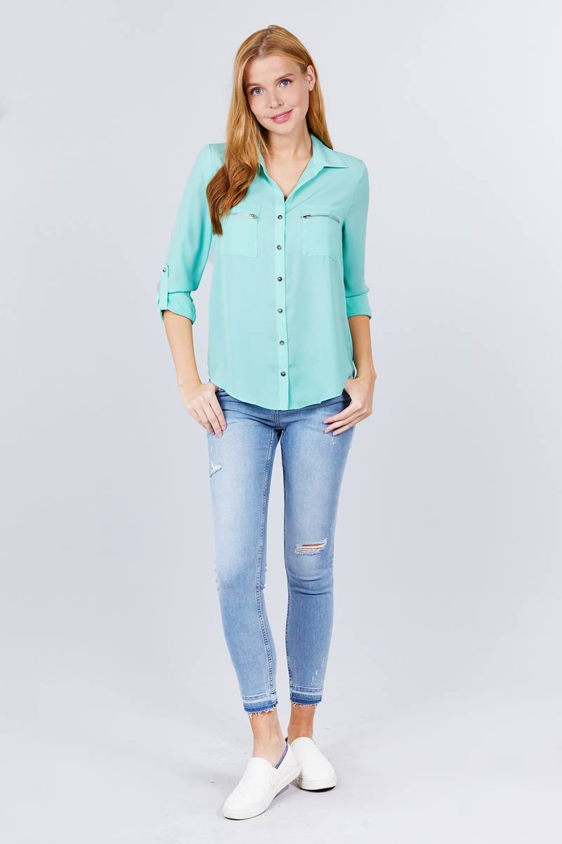 3/4 Roll Up Sleeve Pocket with Zipper Detail Blouse