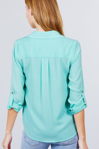 3/4 Roll Up Sleeve Pocket with Zipper Detail Blouse