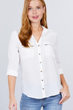 Load image into Gallery viewer, 3/4 Roll Up Sleeve Pocket with Zipper Detail Blouse
