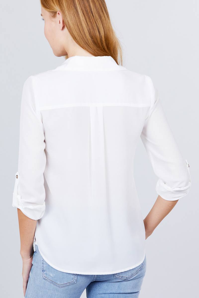 3/4 Roll Up Sleeve Pocket with Zipper Detail Blouse