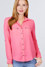 Load image into Gallery viewer, 3/4 Roll Up Sleeve Pocket with Zipper Detail Blouse
