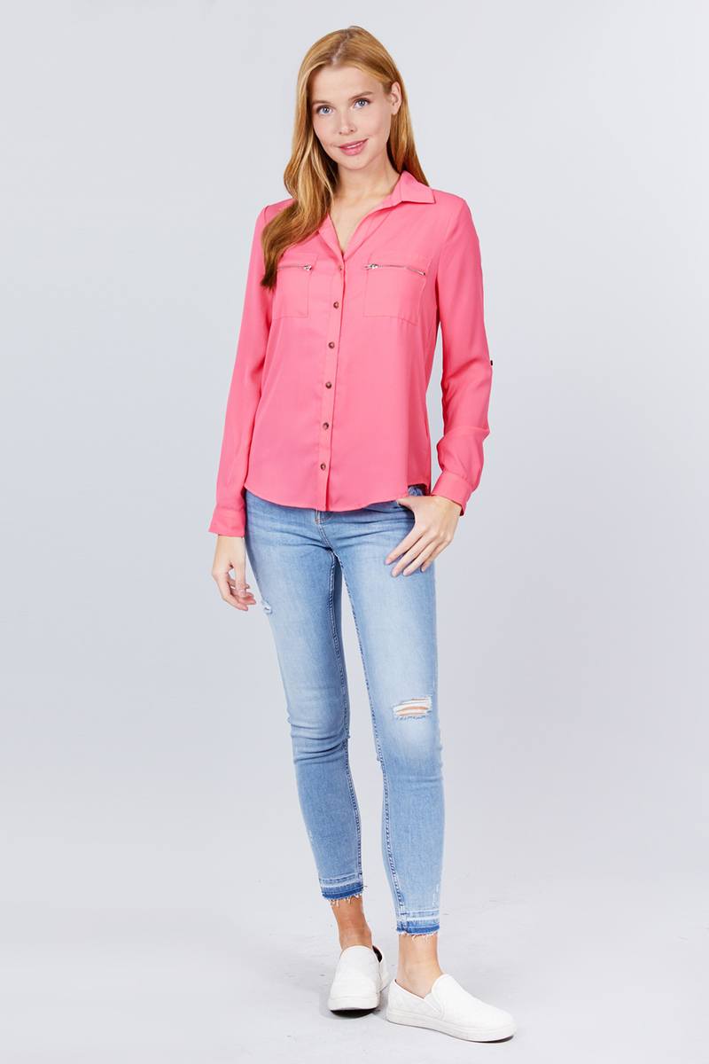 3/4 Roll Up Sleeve Pocket with Zipper Detail Blouse