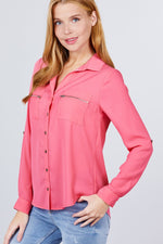 Load image into Gallery viewer, 3/4 Roll Up Sleeve Pocket with Zipper Detail Blouse
