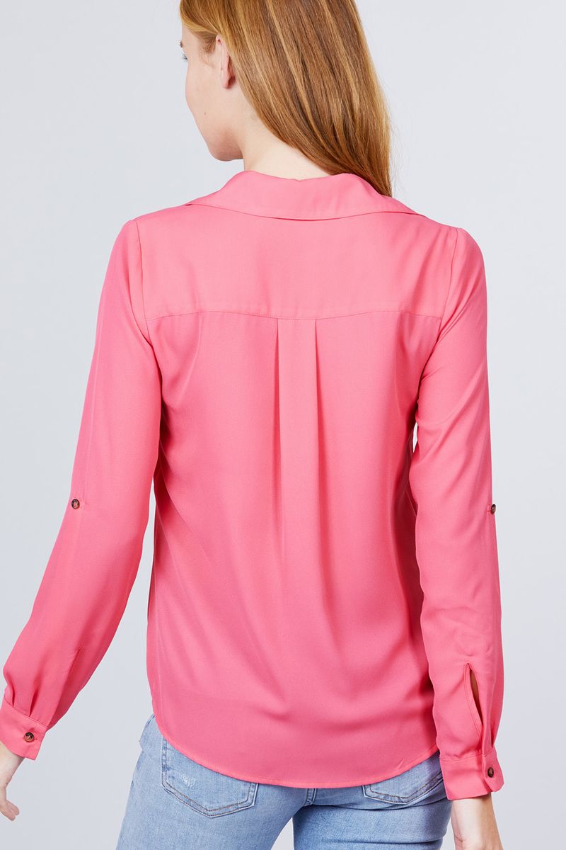 3/4 Roll Up Sleeve Pocket with Zipper Detail Blouse