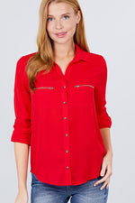 Load image into Gallery viewer, 3/4 Roll Up Sleeve Pocket with Zipper Detail Blouse
