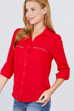 Load image into Gallery viewer, 3/4 Roll Up Sleeve Pocket with Zipper Detail Blouse
