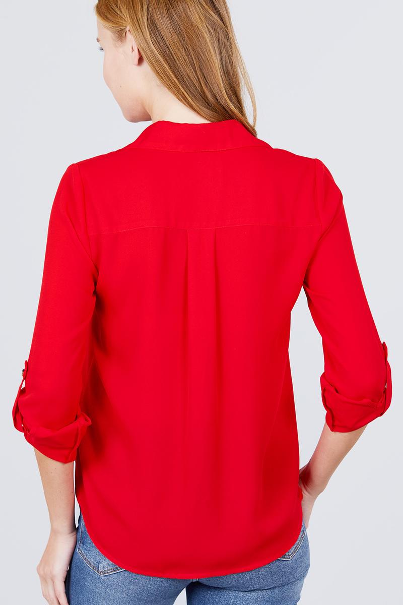 3/4 Roll Up Sleeve Pocket with Zipper Detail Blouse