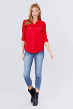 Load image into Gallery viewer, 3/4 Roll Up Sleeve Pocket with Zipper Detail Blouse
