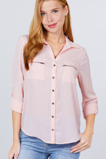 Load image into Gallery viewer, 3/4 Roll Up Sleeve Pocket with Zipper Detail Blouse
