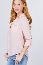 Load image into Gallery viewer, 3/4 Roll Up Sleeve Pocket with Zipper Detail Blouse
