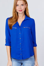 Load image into Gallery viewer, 3/4 Roll Up Sleeve Pocket with Zipper Detail Blouse
