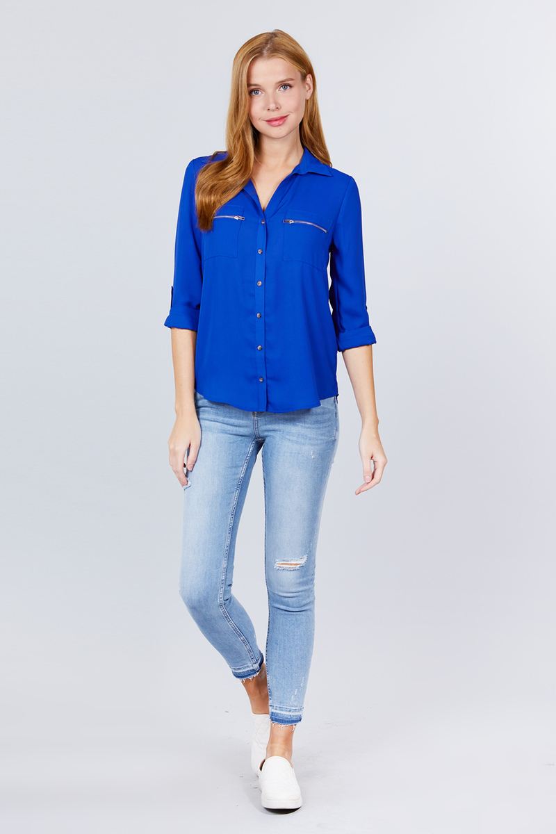 3/4 Roll Up Sleeve Pocket with Zipper Detail Blouse