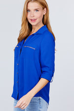 Load image into Gallery viewer, 3/4 Roll Up Sleeve Pocket with Zipper Detail Blouse
