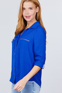 3/4 Roll Up Sleeve Pocket with Zipper Detail Blouse