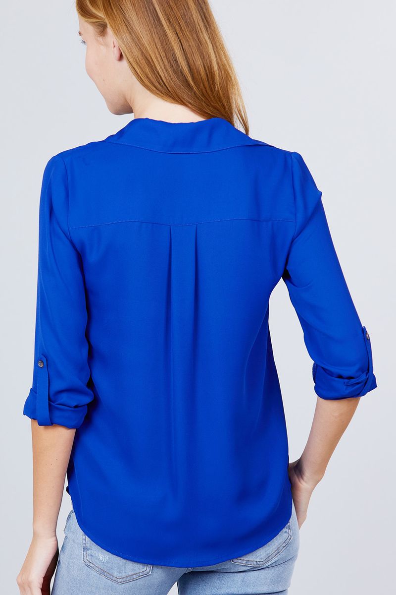 3/4 Roll Up Sleeve Pocket with Zipper Detail Blouse