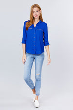 Load image into Gallery viewer, 3/4 Roll Up Sleeve Pocket with Zipper Detail Blouse
