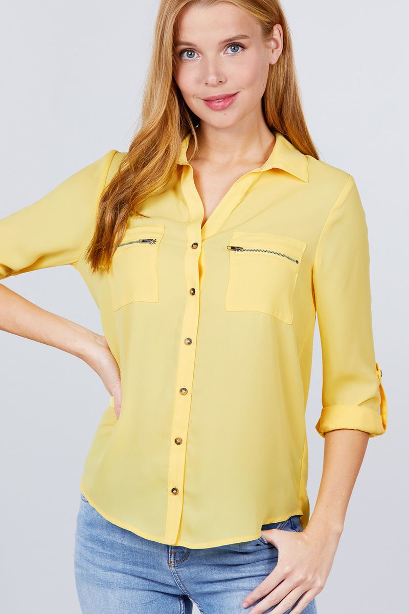 3/4 Roll Up Sleeve Pocket with Zipper Detail Blouse