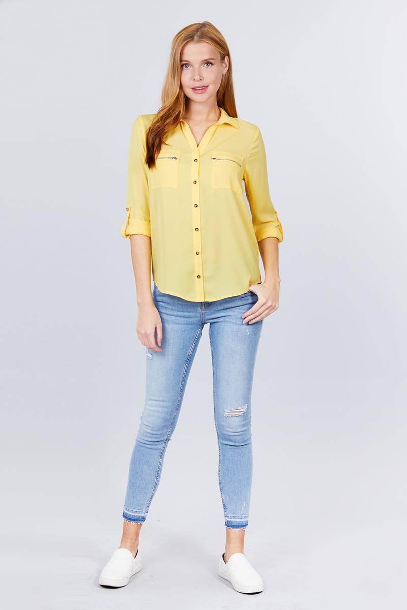 3/4 Roll Up Sleeve Pocket with Zipper Detail Blouse