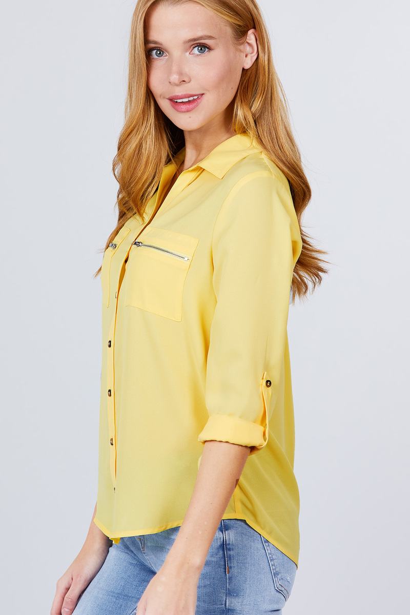 3/4 Roll Up Sleeve Pocket with Zipper Detail Blouse