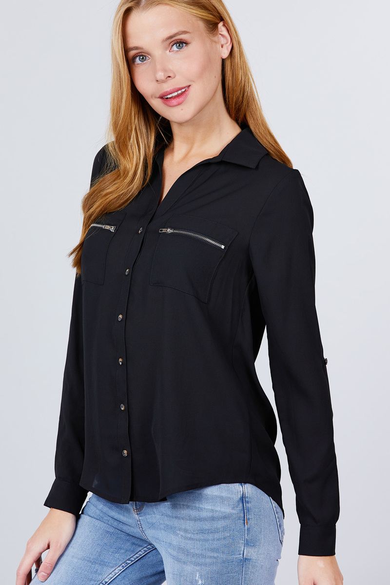 3/4 Roll Up Sleeve Pocket with Zipper Detail Blouse