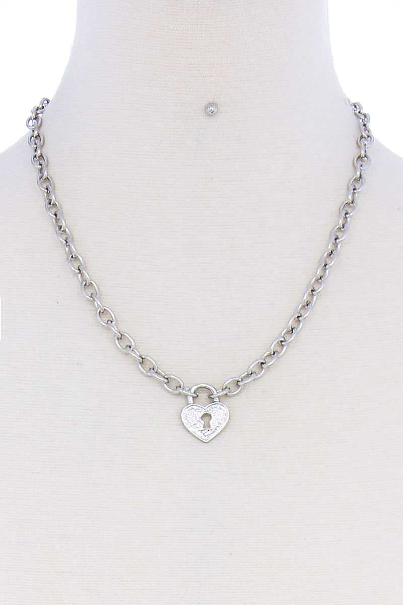 Fashion Heart Lock Chain Necklace & Earring Set