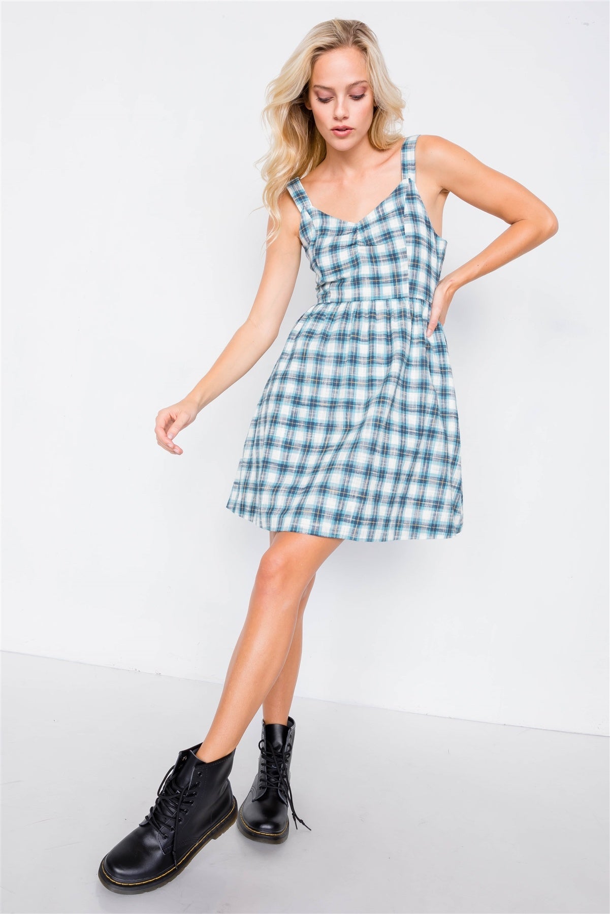 Blue Plaid Stripe Cut Out Back Bow Midi Sundress