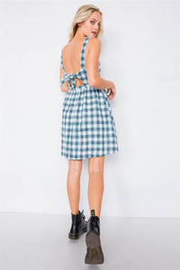 Blue Plaid Stripe Cut Out Back Bow Midi Sundress